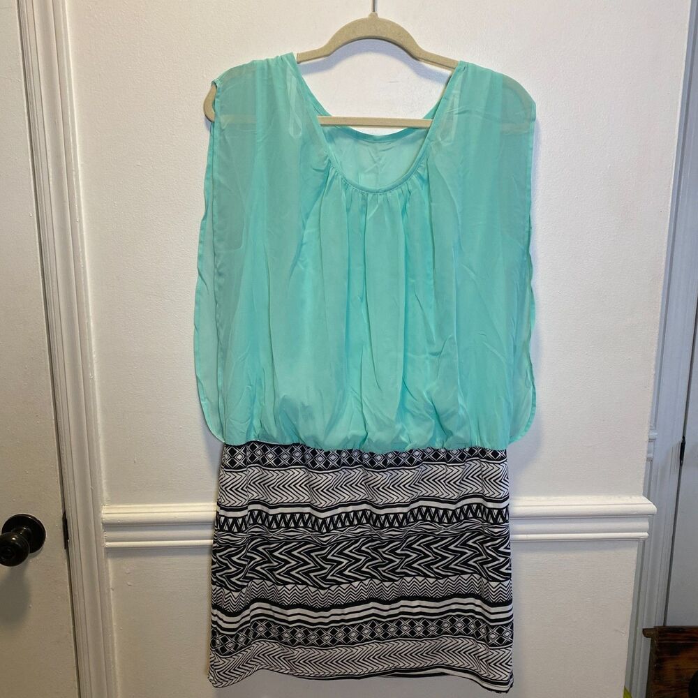 Retro Party Vacay Deb Aqua Blue Blouson Tribal Print Bodycon Mini Dress 2X